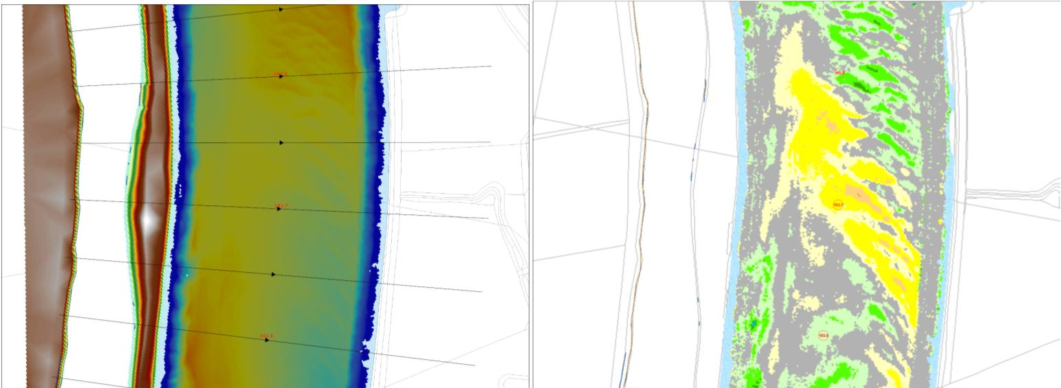 Bodemprofielen en steilrand In Figuur 3.45 links is de bodemligging in 2013 weergegeven. Dit is slechts een deel van het gehele oevertraject.