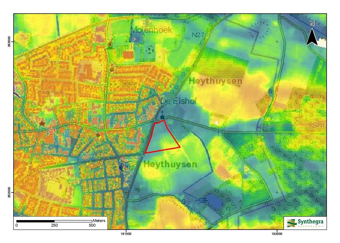 Project Kenmerk : Bureauonderzoek en karterend veldonderzoek d.m.v. boringen, Biesstraat te Heythuysen : SHO/UIT/SAD/S090010 zelf lijkt voor het grootste deel in een dalvormige laagte te liggen.