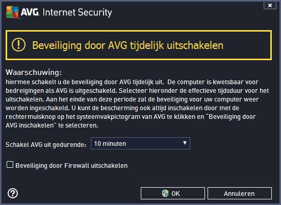 aparte optie voor het uitschakelen van het onderdeel Firewall beschikbaar in het dialoogvenster Beveiliging door AVG tijdelijk uitschakelen.