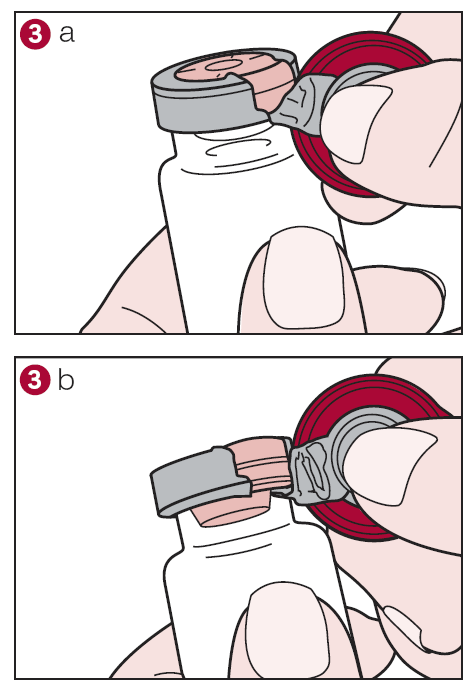 4) Wanneer de verzegeling is doorgescheurd, houdt u de flacon stevig vast en verwijdert u de metalen verzegeling zodat de rubberen stop volledig