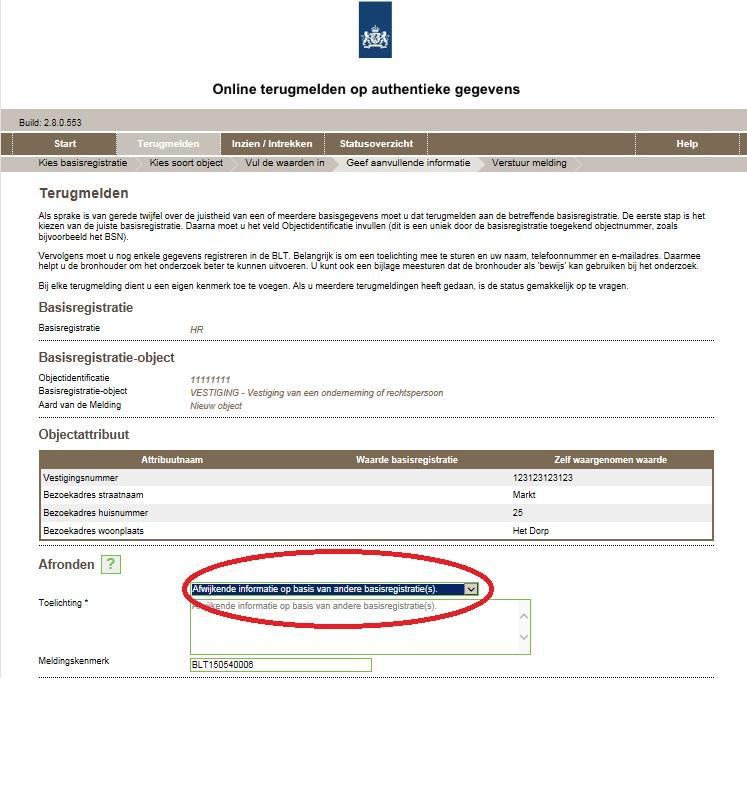 4. Als onderbouwing wordt gekozen voor de voorgedefinieerde mogelijkheid Afwijkende informatie op basis van andere basisregistratie(s).