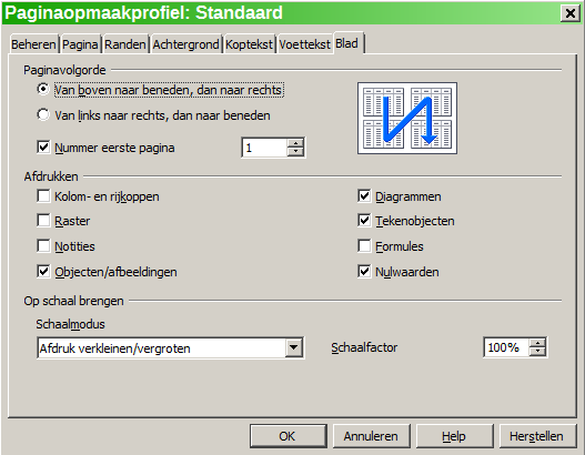 Afbeelding 9. De tab Blad van het dialoogvenster Paginaopmaakprofiel Afdrukken U kunt opgeven welke details moeten worden afgedrukt.