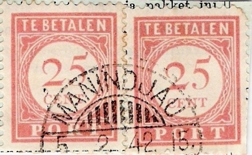 Figuur 31: De langebalkstempels 1, 4 en 6 van MANINDJKAU gebruikt op 25 mei 1927, 4 september 1934, 4 juni 1941 en 5 februari 1942.