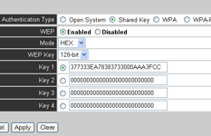A 33 F B C D E WEP a) Authentication type: Shared Key. b) WEP: Enabled. c) Mode: HEX d) WEP key: 128 Bit e) Key 1: Verzin een sleutel bestaande uit 26 tekens tussen 0-9 en A,B,C,D,E,F.