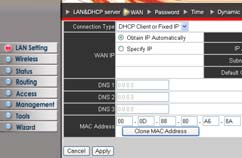 Mac-adres instellen Doe dit alleen voor het kabelmodem wanneer dit door uw ISP vereist wordt. - Klik op Lan Setting. - Klik op WAN.