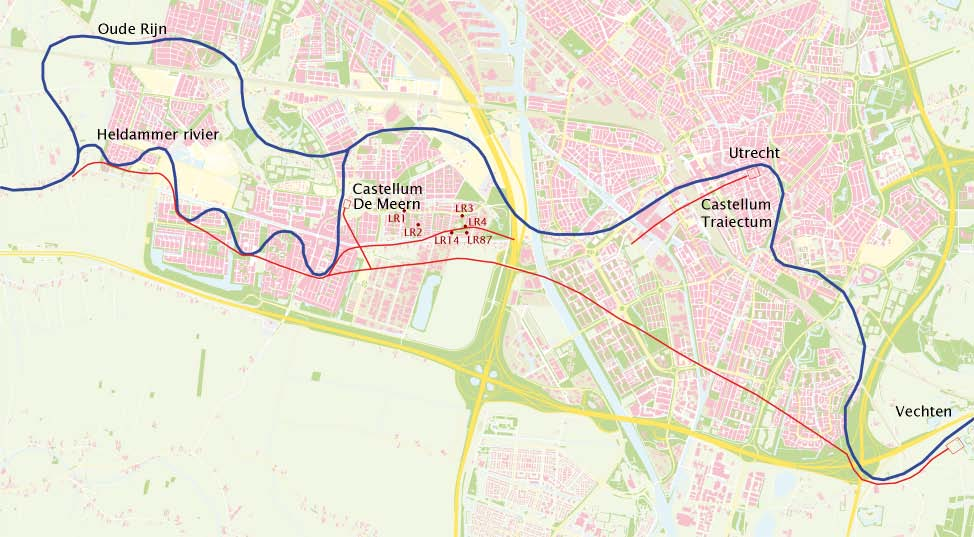 Afb. 1.4 Reconstructie van het tot nu toe bekende tracé van de Romeinse limesweg door Utrecht, met de opgravingslocaties aangegeven op de kaart.