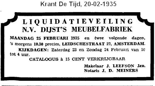 Liquidatie In 1935 valt definitief het doek voor de NV Dijst s Meubelfabriek.