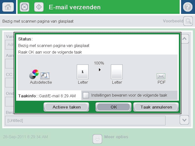 8. Raak de knop Starten aan om het document te verzenden. OPMERKING: Het apparaat kan u vragen om uw e-mailadres aan het adresboek toe te voegen.