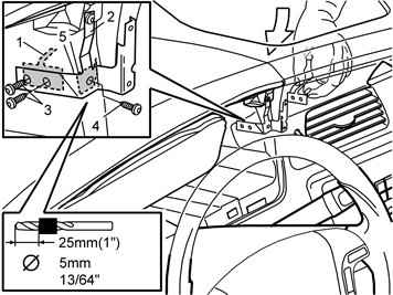 M8903275 13 Steek de versterkte plaat (1) door de opening in het dashboard Zet de beugel (2) vast met gebruik van twee schroeven (3) uit de set terwijl u de beugel tegen de contactvlakken drukt Draai