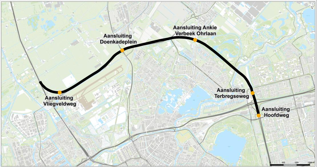 Passages De N471, Landscheiding, De Hogesnelheidslijn, de Randstadrail, de President Rooseveltweg de spoorlijn Rotterdam Utrecht en het knooppunt Terbregseplein worden bovenlangs gepasseerd.