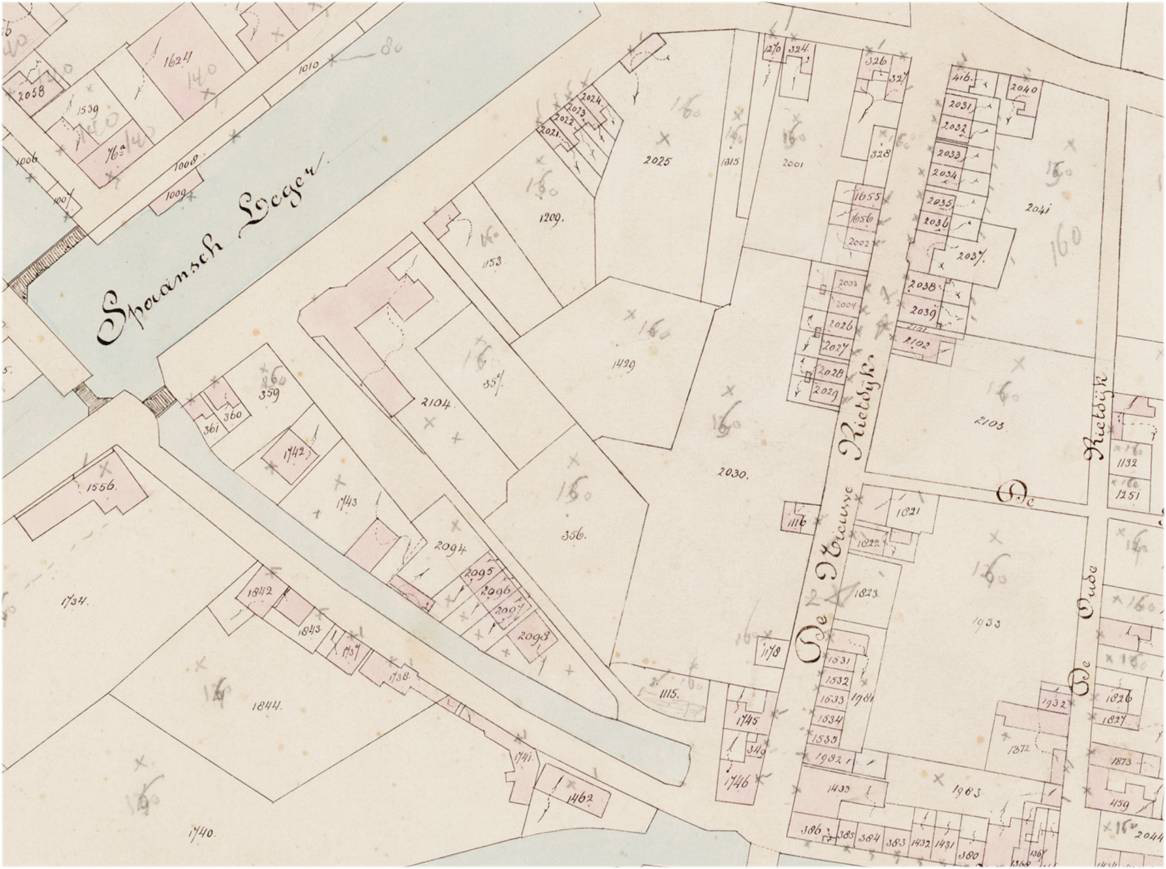 Afb. 16 Uitsnede uit de kadastrale kaart van 1878. Het noorden is boven. De kaart van Egmond en Meijer toont Enkhuizen in 1906 (afb. 17).