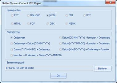Bestanden opslaan met behulp van naamconventie Met Stellar Phoenix Outlook PST Repair - Technician kunt u de herstelde bestanden opslaan in de formaten MSG, EML, RTF, HTML en PDF.