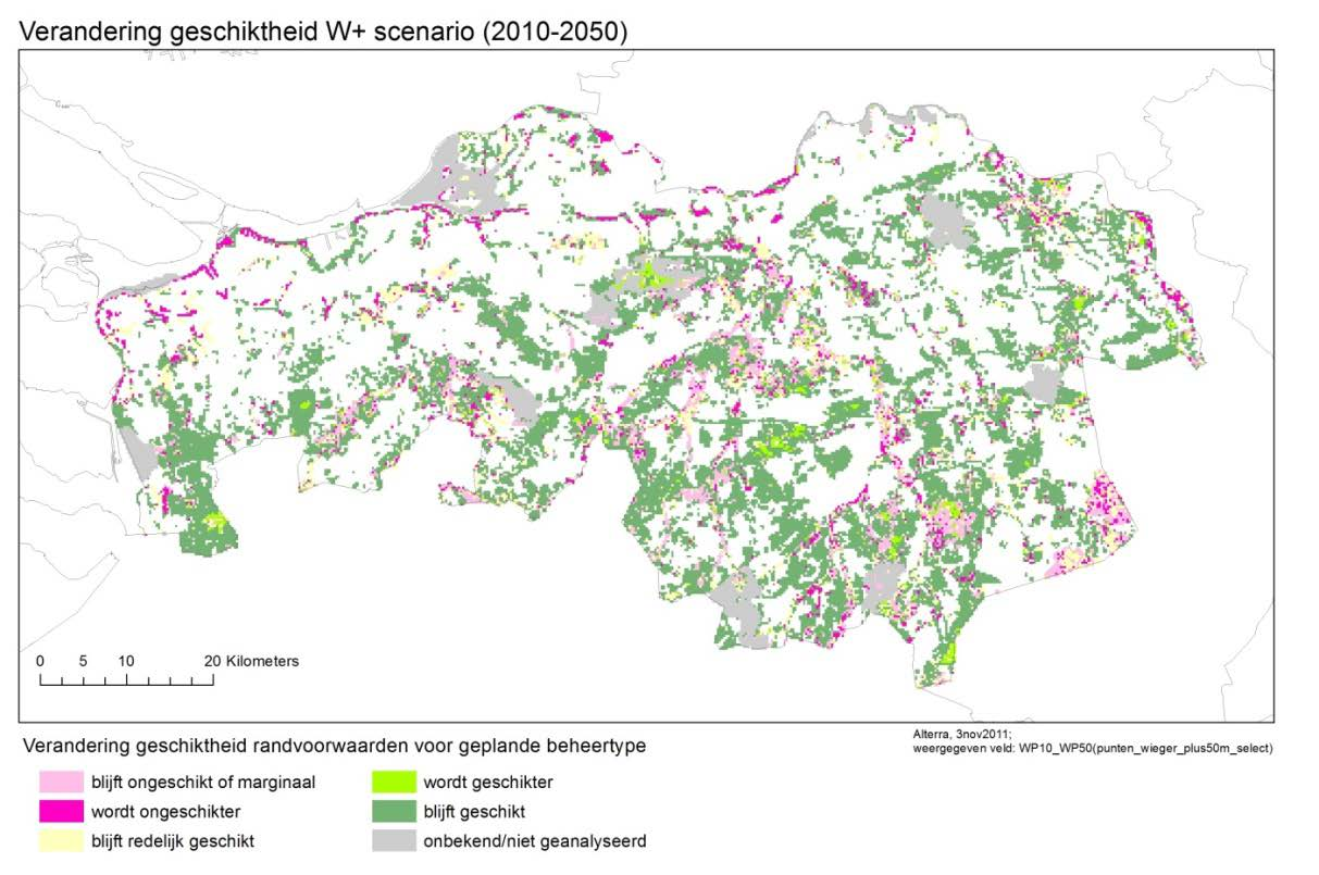 blijven ook in dezelfde geschiktheidscategorie. Met name in de beekdalen en de Peel zien we de nodige plekjes waar slechts één of geen enkele randvoorwaarde in orde is. Figuur 3.