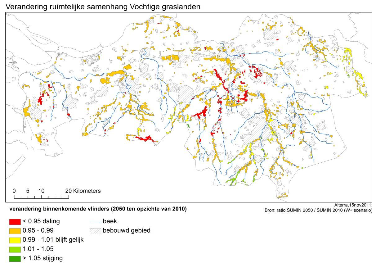 Figuur 3.22c Verandering in ruimtelijke samenhang van netwerken van vochtige graslanden onder invloed van klimaatverandering.