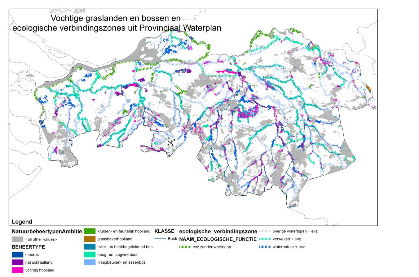 Figuur 3.25 Ligging van vochtige graslanden en vochtige bossen uit de ambitiekaart 2018, en de ligging van de ecologische verbindingszones uit het provinciaalwaterplan.