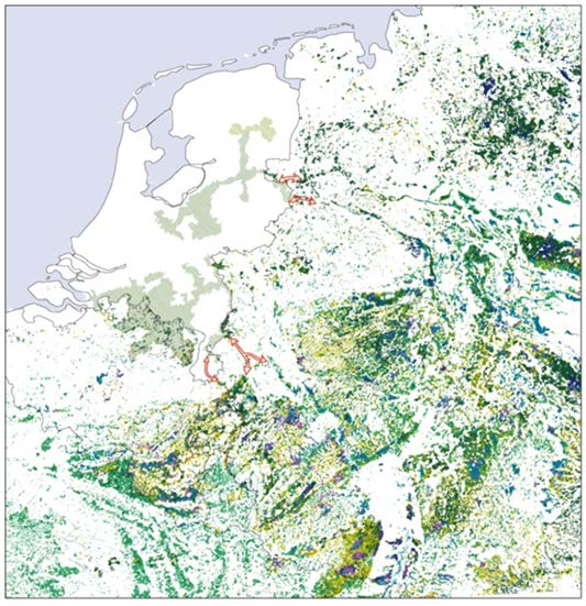 Figuur 4.3 Internationale context bossen in Noord-Brabant. De grootste concentraties bossen liggen in België en vooral Duitsland (Bron: Vonk et al., 2010).