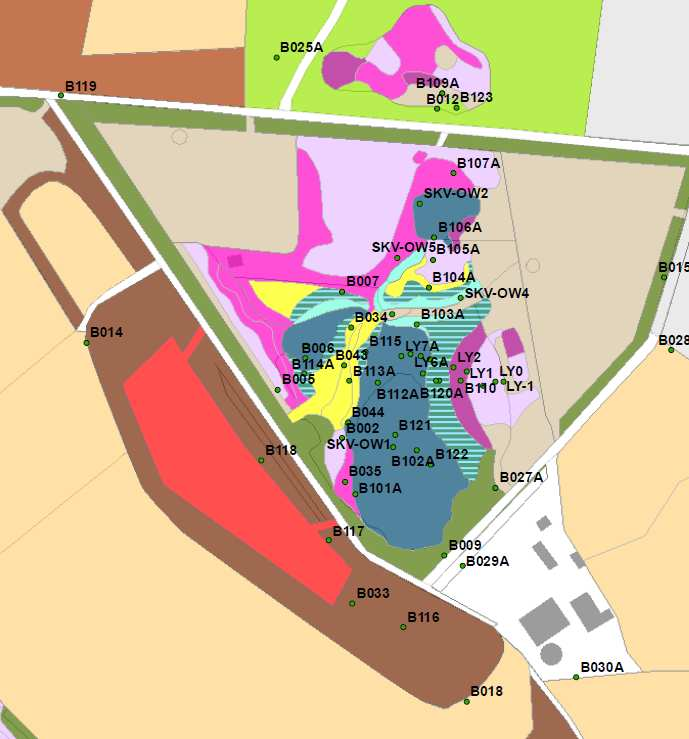 Locatie peilbuizen en andere bemonsteringspunten in het Natura 2000- en TOPgebied (Bx =