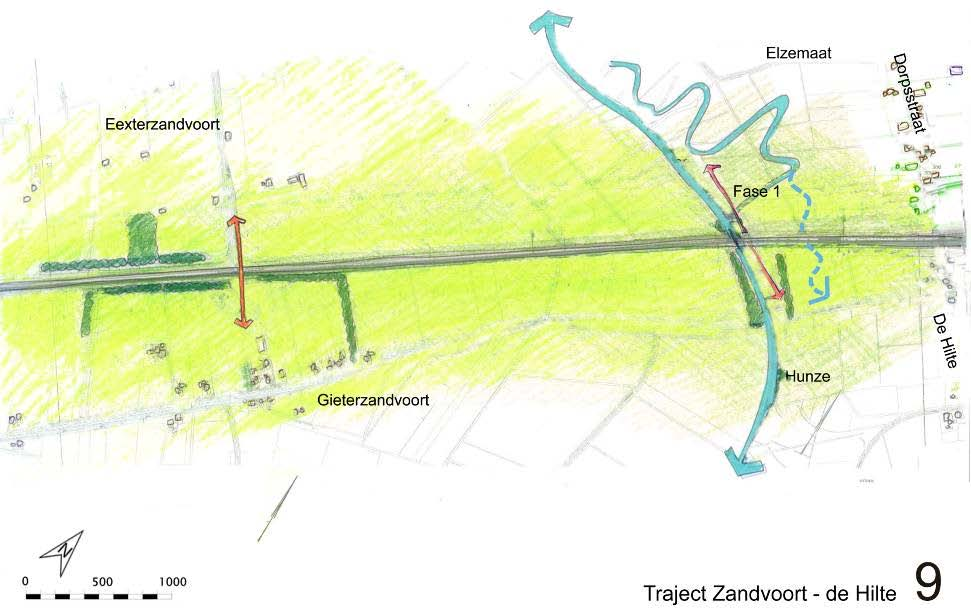 De Hunze Ter plaatse van een te herstellen meander in de Hunze wordt oostelijk van de bestaande kruising een ruime nieuwe onderdoorgang gerealiseerd.