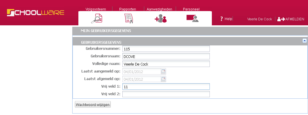 HOOFDSTUK 1. WEBSITE VOOR LEERKRACHTEN 10 1.7 Personeel 1.7.1 Ingave prestaties Deze module is momenteel nog niet beschikbaar. 1.8 Gebruikersbeheer Je kunt dit scherm bereiken door op je naam rechtsbovenaan te klikken.