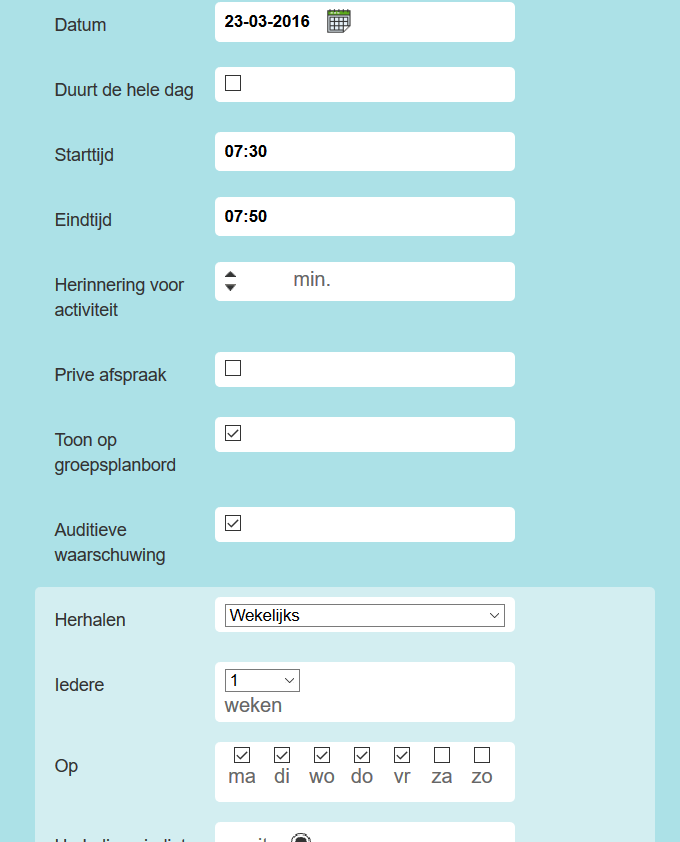 Scherm 3: tijd Datum: verplicht Starttijd: niet verplicht Eindtijd: niet verplicht Herinnering: niet verplicht Herhaling: niet verplicht De datum is al gekozen doordat er op het scherm voor ee n