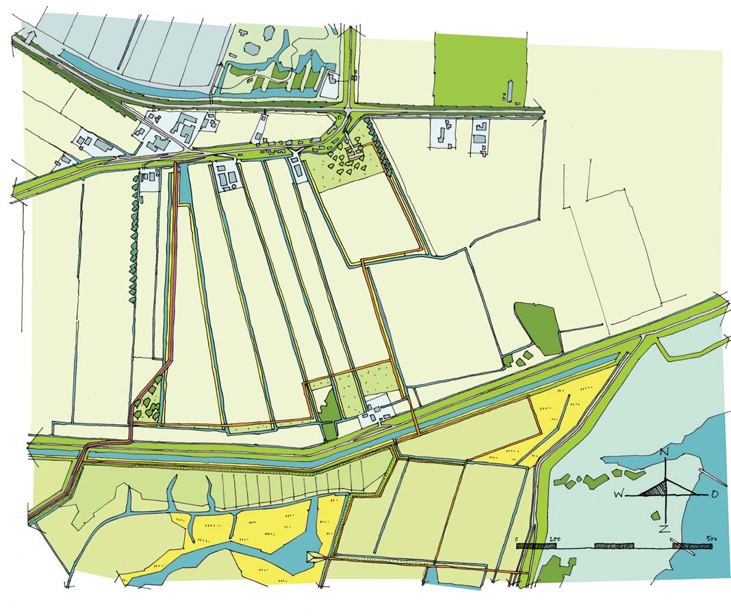 Hierin zijn alleen de basisvoorzieningen opgenomen. Zoals het fietspad 220 gecombineerd met het wandelpad en parkeerterrein in de boomgaard.