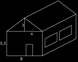 Je ziet hier een huis. Het bestaat uit twee ruitelijke figuren: een balk van bij bij de zolder die uit twee halve balken bestaat van bij bij. Bereken de inhoud van dit huis in.