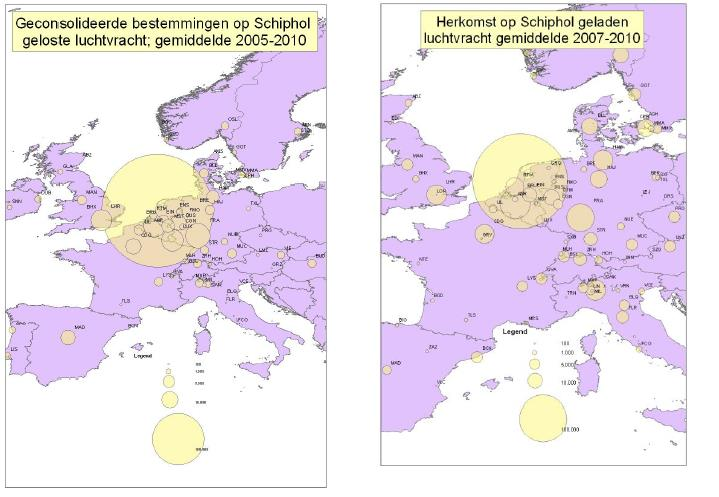 4.3 Schiphol in Europa Binnen Europa is er ook sprake van luchtvrachtvervoer tussen luchthavenregio s. Hiervan gaat ongeveer de helft via de weg (Visser & Gordijn, 2013).