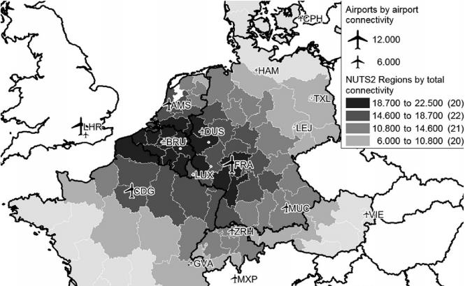 Figuur 18: Luchtvrachtconnectiviteit voor regio s in Noordwest-Europa (Boonekamp & Burghouwt, 2016). 4.