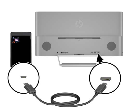 Sluit een MHL-kabel aan op de MHL/HDMI-connector aan de achterzijde van de monitor en aan de micro USB-connector van een bronapparaat dat MHL ondersteunt, zoals een smartphone of tablet, om