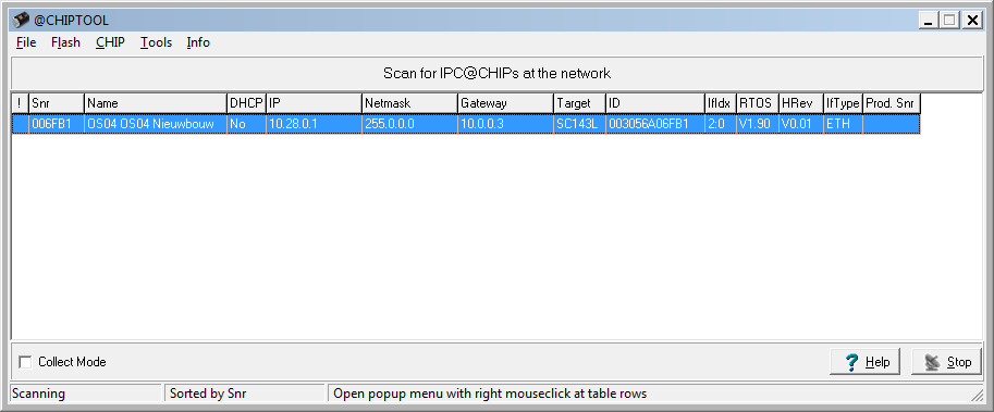 1 Aanpassen van SNTP-server instellingen Als ChipTool gestart is, zal het programma na enige seconden de gegevens tonen van de regelaars op het aangesloten netwerk.