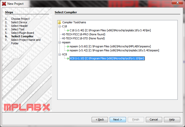 In de vragenbox zoals afgebeeld in 6 selecteert men dan ook de XC8 compiler.