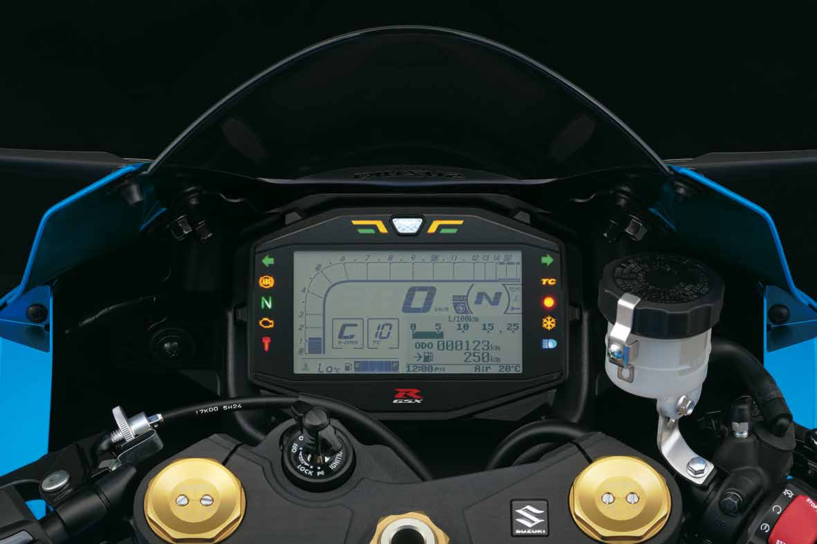 GSX-R1000R LED koplamp en LED positielichten Volledig LCD display met zwarte achtergrond GSX-R1000 LED koplamp Geavanceerde verlichting en dashboard De nieuwe Suzuki GSX-R1000A is uitgerust met een