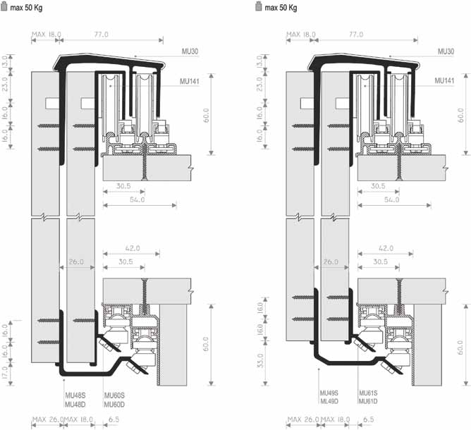 Diverse > SCHUIFDEURSYSTEEM MASTER UNIVERSAL Robuust systeem voor voorliggende kastdeuren - het gewicht van de kastdeuren rust op de bovenrail eenvoudig te (de-) monteren en bij te regelen -