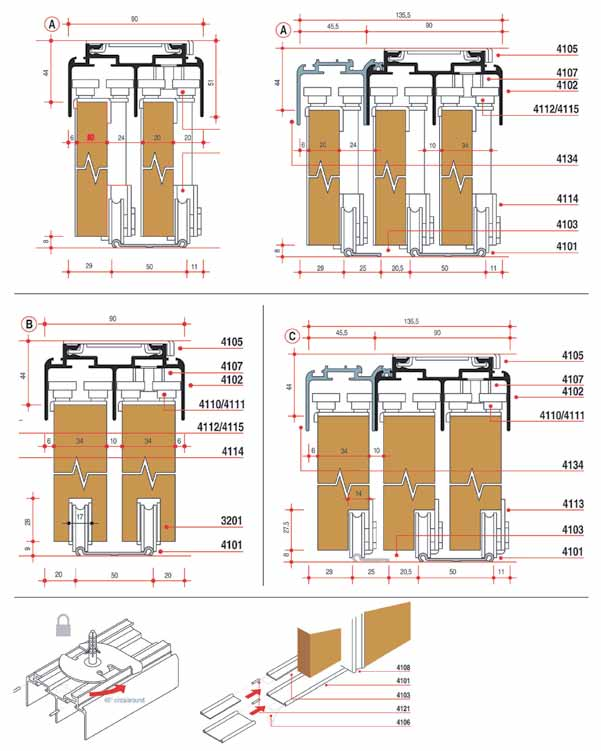 Villes > SCHUIFDEURSYSTEEM VILLES 4100 Gepatenteerd schuifdeursysteem voor kastdeuren tot 80 kg - boven- en onderrail worden resp.