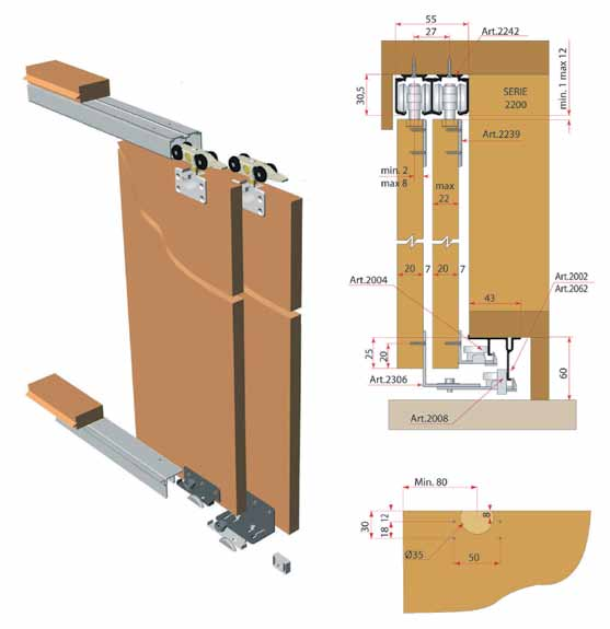 Villes > SCHUIFDEURSYSTEEM VILLES 2200/39 mixfront Schuifdeursysteem voor in- én voorliggende kastdeuren in hout tot 80 kg - te gebruiken met de dubbele