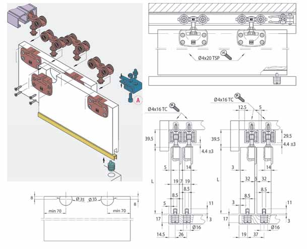 Koblenz > SCHUIFDEURSYSTEEM 1050/50 + 80KG Schuifdeurbeslag voor inliggende kastdeuren ( infront ) tot 50 of 80 kg - bovenlopend, verstelbaar systeem - loopwagens van gegoten metaallegering met