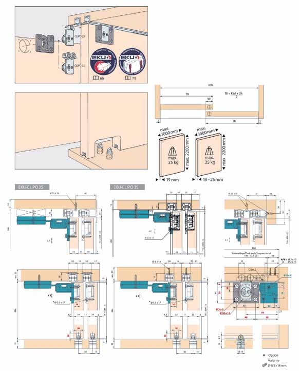 Eku > SCHUIFDEURSYSTEEM CLIPO 25/35 S-IF Schuifbeslag voor kleine inliggende kastdeuren tot max.