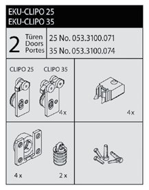 Eku > EXTRA S SCHUIFDEURSYSTEEM CLIPO 25/35 S-IF Kit voor 2 deuren bevat : 4 loopwagens met bevestigingsplaat (infrees 35mm), 4 deurstops, 4 wandbuffers, 2 ondergeleiders en bijhorende schroeven