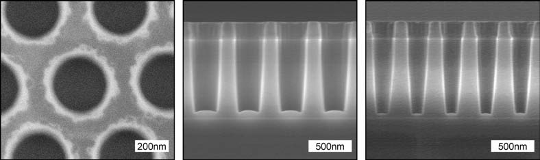 5.3 Etching 169 Figure 5.36: Etch results on SOI wafers with 1µm oxide. Left/middle: 500nm period / 300nm diameter. Right: 400nm pitch / 240nm diameter. Figure 5.37: Details of a deeply-etched photonic wire with ring resonator.