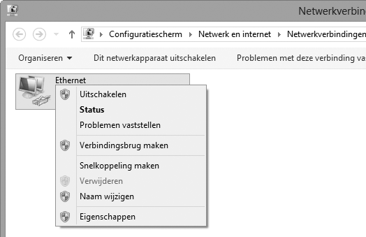 Als u bent verbonden via ethernet, klik met de rechtermuisknop op Ethernet (Windows 8.1) of LAN-verbinding (Windows 7) en selecteer Eigenschappen.