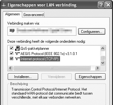 Windows XP 1 Geef de netwerkverbindingen weer. Klik op Start > Bedieningspaneel > Netwerk- en internetinstellingen > Netwerkverbinding. 2 Open het dialoogvenster netwerkeigenschappen.