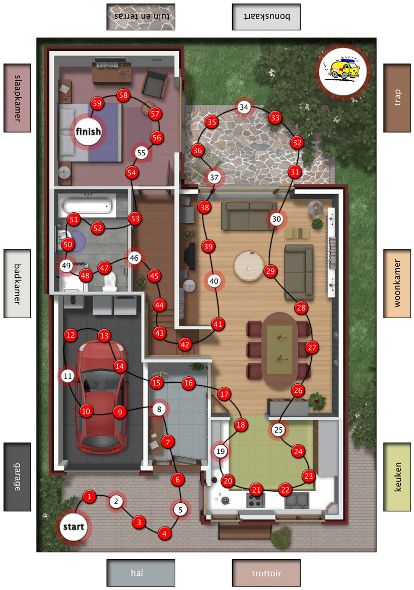 Woonspel Huisje Weltevree VALPREVENTIE Gezelschapsspel. Het spelbord is een plattegrond van een woning. De deelnemers wandelen met hun pion door het huis zoals bij een ganzenbordspel.