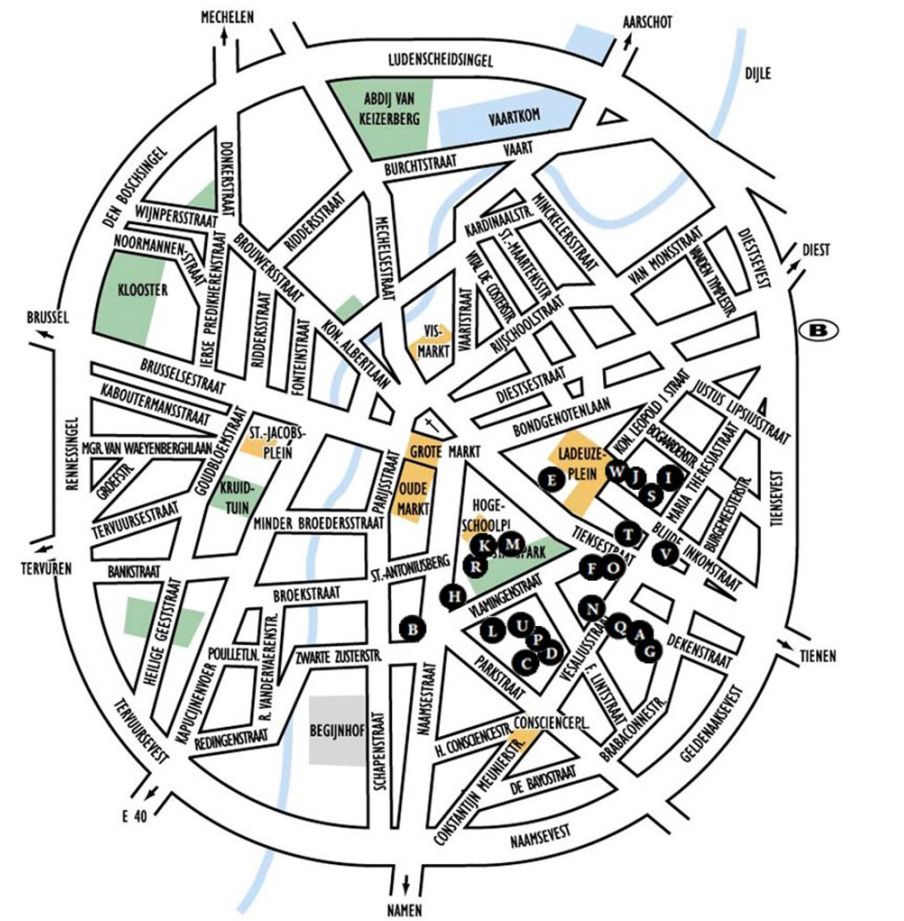 A) AD: Auditoria, Dekenstraat 4 B) AI: Arenberginstituut, Naamsestraat 96 C) AP: Auditoria, Parkstraat 71 D) AV: Auditoria, Van Evenstraat 2 E) DV: College De Valk, Tiensestraat 41 F) HIW: