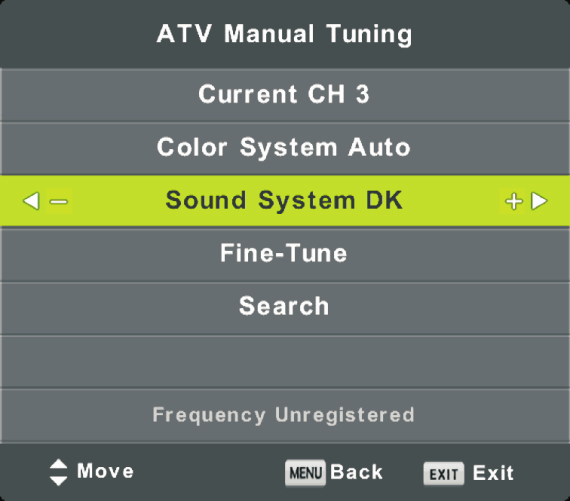 ATV Handmatig afstemmen Druk op MENU, kies vervolgens ATV Handmatig afstemmen. Huidig kanaal Kies het kanaalnummer.