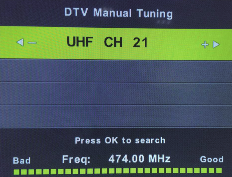 DTV Handmatig afstemmen DVB-T Handmatig afstemmen: Kies DTV Handmatig afstemmen.