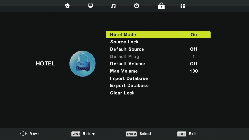 Hotelmodus 1. Druk op de knop / op de afstandsbediening om hotelmodus te selecteren in het menu Lock. 2. Druk op de knop OK op de afstandsbediening om naar het sub-menu te gaan. 3.