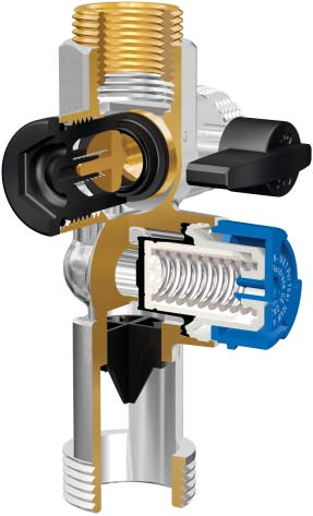 Aansluiting naar boiler. Inspectieknop van de terugslagklep. Terugslagklep. Koudwateraansluiting. Afsluitkraan. Ontlastklep. Atmosferische onderbreking waardoor een aparte trechter overbodig is.