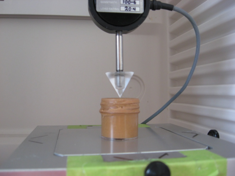 Fysicochemische effecten Textuuranalyse 40 Indringing Kegelvormige probe Afstand: 15 mm Snelheid: 10