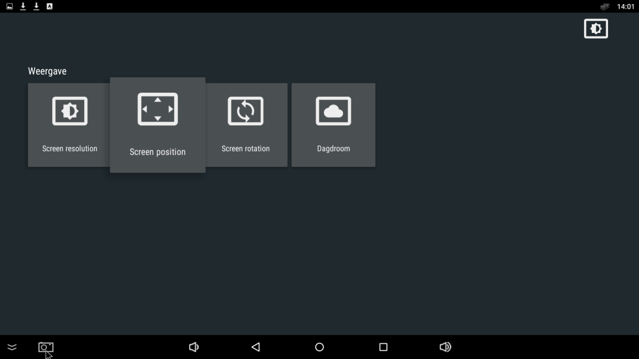 1.5 Pear Box Scherm Instellen Dit doe je ook in het menu Android Instellingen. Kies Weergave =>Screenpositie, en zoom het scherm zo, dat hij perfect op je Tv scherm past.