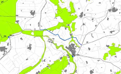 2.10 VERBINDING 7 ENS-ZWOLLE Afbeelding 2.10 Hoogspanningsverbinding 7 Ens-Zwolle. Groen: Natura 2000-gebieden Blauwe lijn: hoogspanningsverbinding 7 Blauwe stip: operationele centrale Schaal: 1:900.